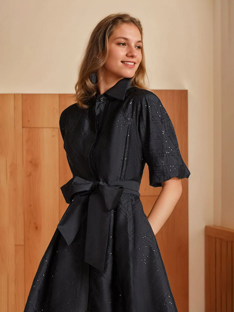 A-Line/Princess Shirt Collar Half Sleeves Knee-Length Chic Wedding Guest Dress with Bow Belt - Image 4