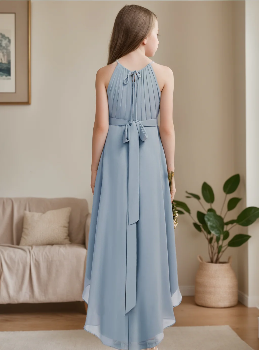 A-Line/Princess Halter Asymmetrical Junior Bridesmaid Dress With Pleats - Image 2