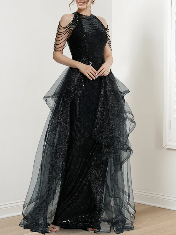 A-Line/Princess Halter Long Prom Dresses With Ruffles & Sequins - Image 2