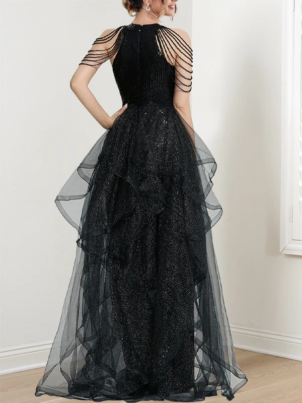 A-Line/Princess Halter Long Prom Dresses With Ruffles & Sequins - Image 3