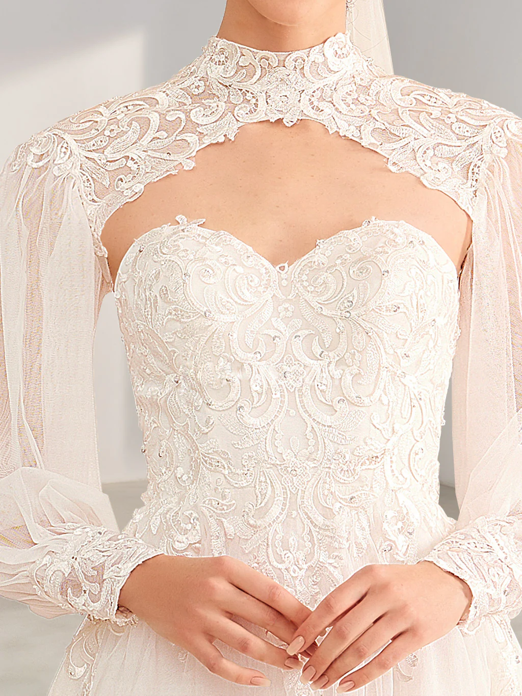 A-Line/Princess Halter Neck Long Sleeves Floor-Length Long Wedding Dress with Lace & Appliques - Image 3