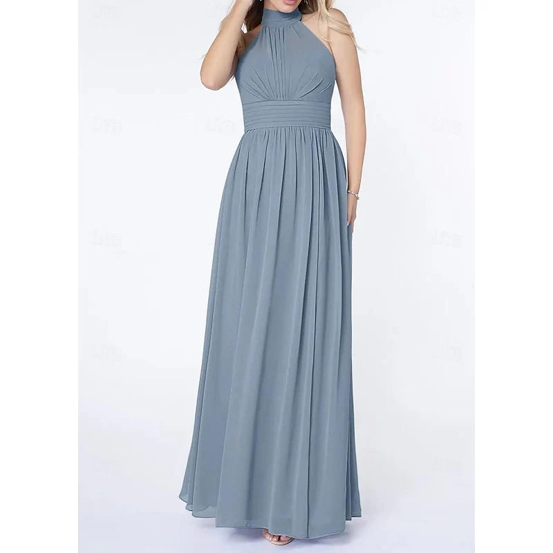 A Line/Princess Halter Neck Sleeveless Elegant Floor-Length Wedding Guest Dress - Image 2