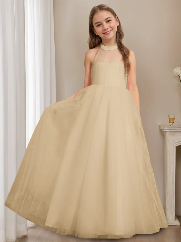 A-Line/Princess Halter Neck Sleeveless Floor-Length Flower Girl Dress with Bowknot - Image 9