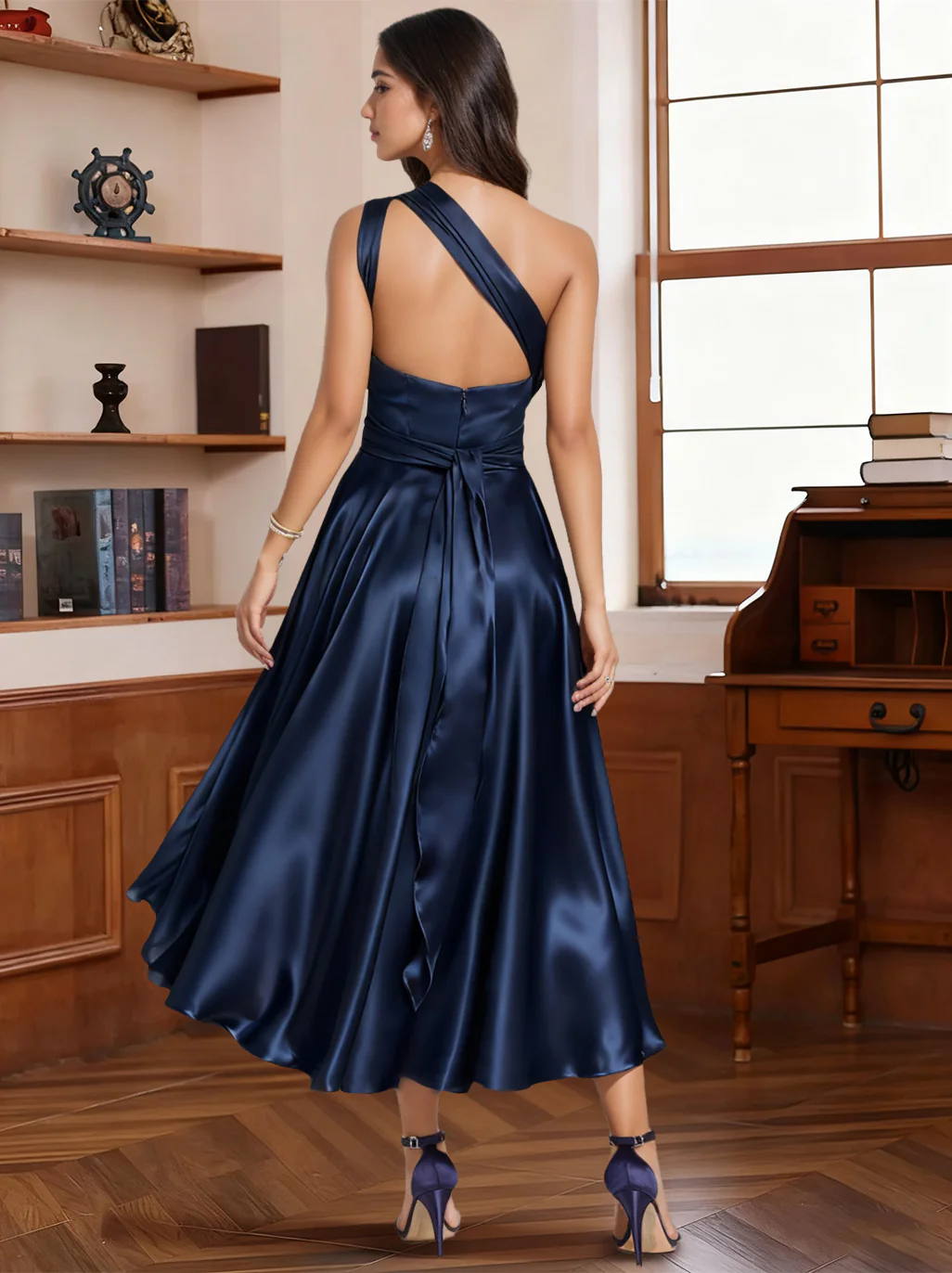 A-Line/Princess Halter One Shoulder V-Neck Wedding Guest Dresses Convertible Asymmetrical Stretch Satin With Pleated - Image 10