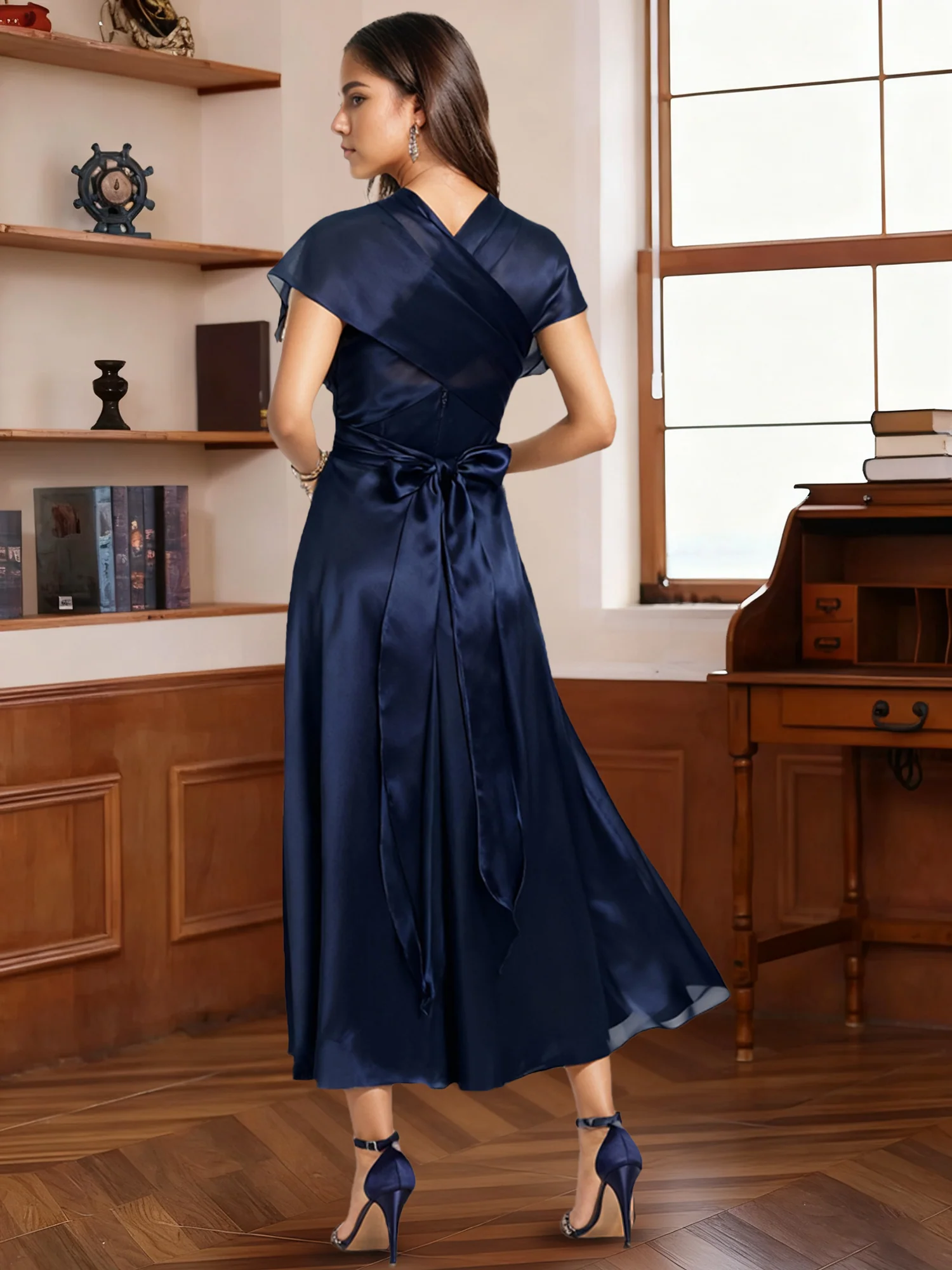 A-Line/Princess Halter One Shoulder V-Neck Wedding Guest Dresses Convertible Asymmetrical Stretch Satin With Pleated - Image 11