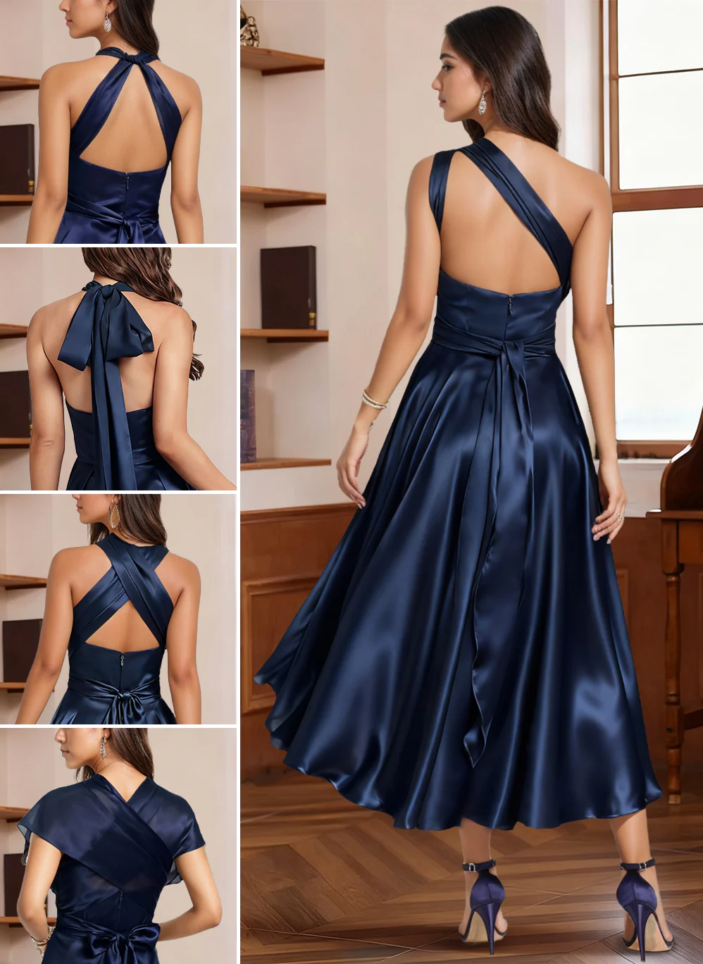 A-Line/Princess Halter One Shoulder V-Neck Wedding Guest Dresses Convertible Asymmetrical Stretch Satin With Pleated - Image 2
