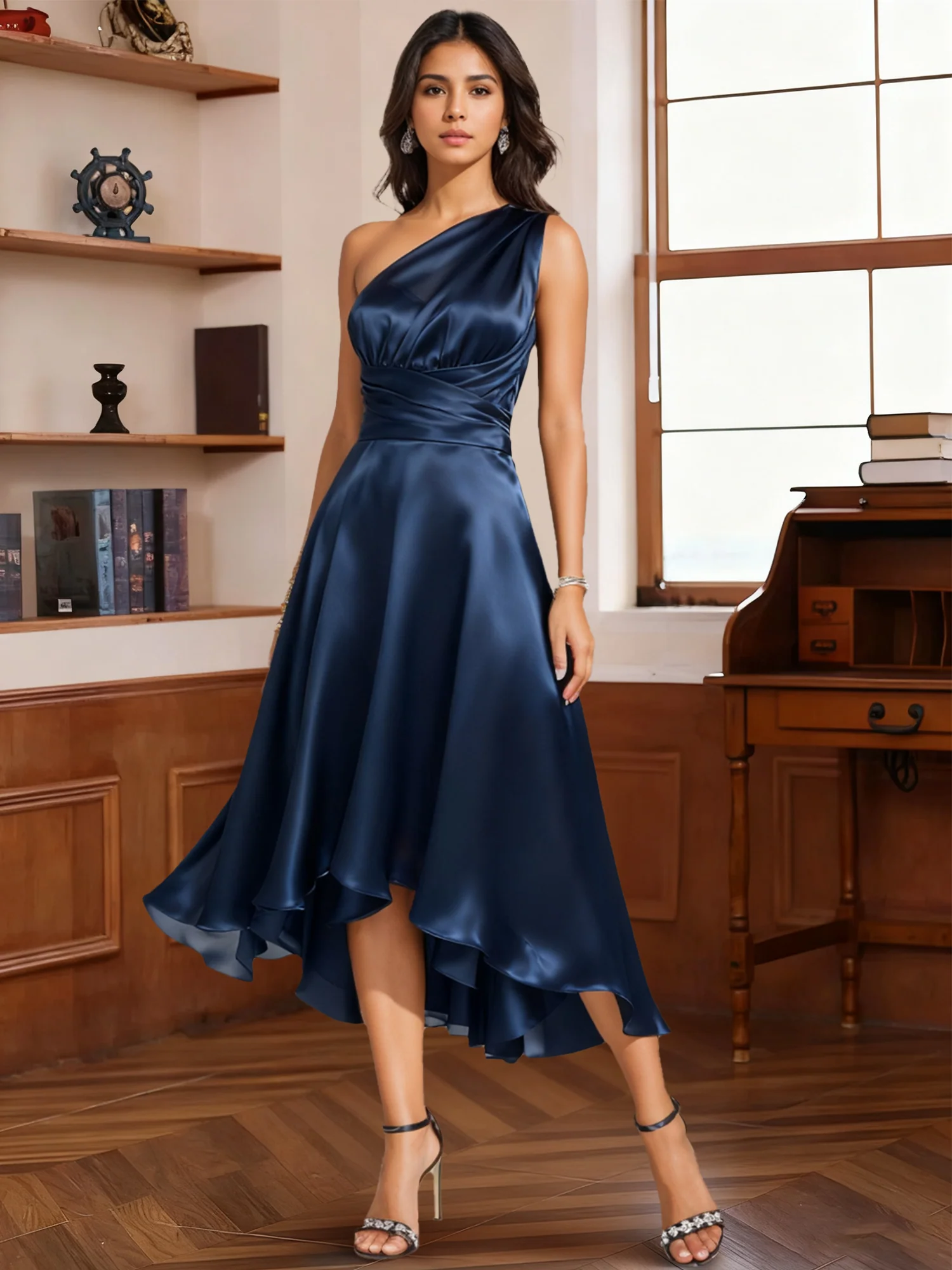 A-Line/Princess Halter One Shoulder V-Neck Wedding Guest Dresses Convertible Asymmetrical Stretch Satin With Pleated - Image 4