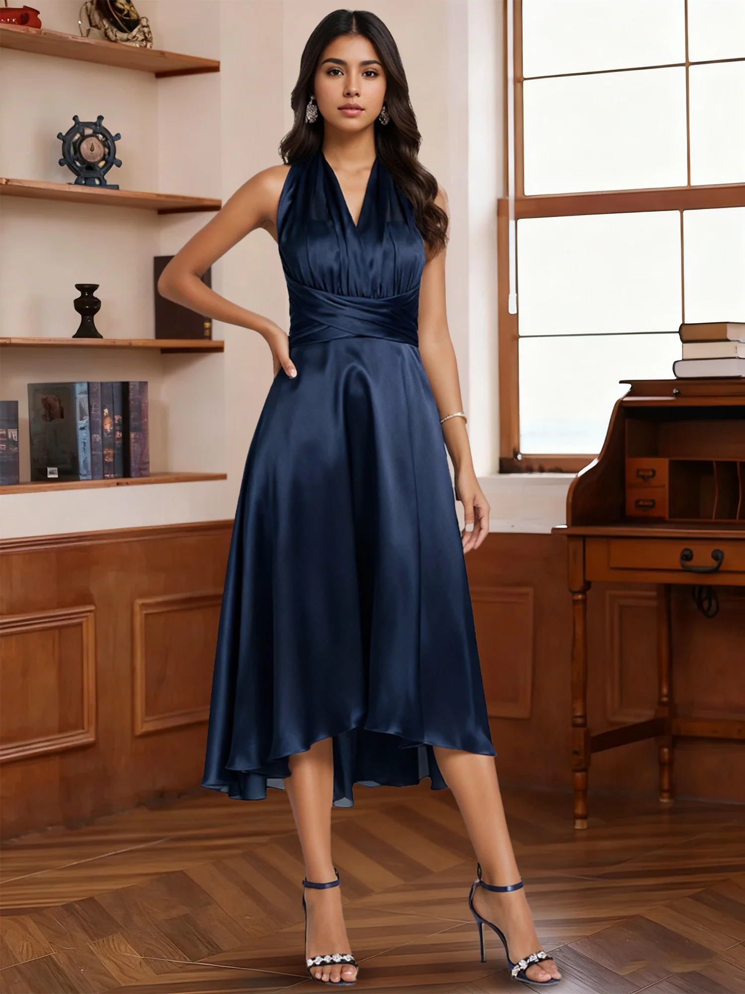 A-Line/Princess Halter One Shoulder V-Neck Wedding Guest Dresses Convertible Asymmetrical Stretch Satin With Pleated - Image 5