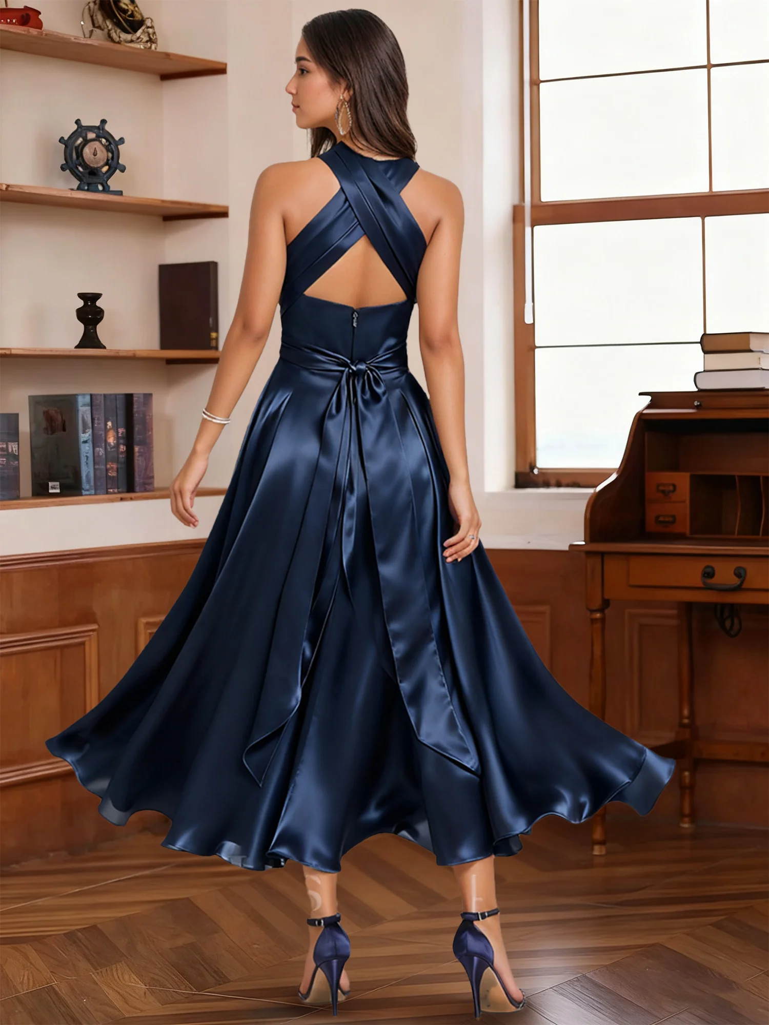 A-Line/Princess Halter One Shoulder V-Neck Wedding Guest Dresses Convertible Asymmetrical Stretch Satin With Pleated - Image 8