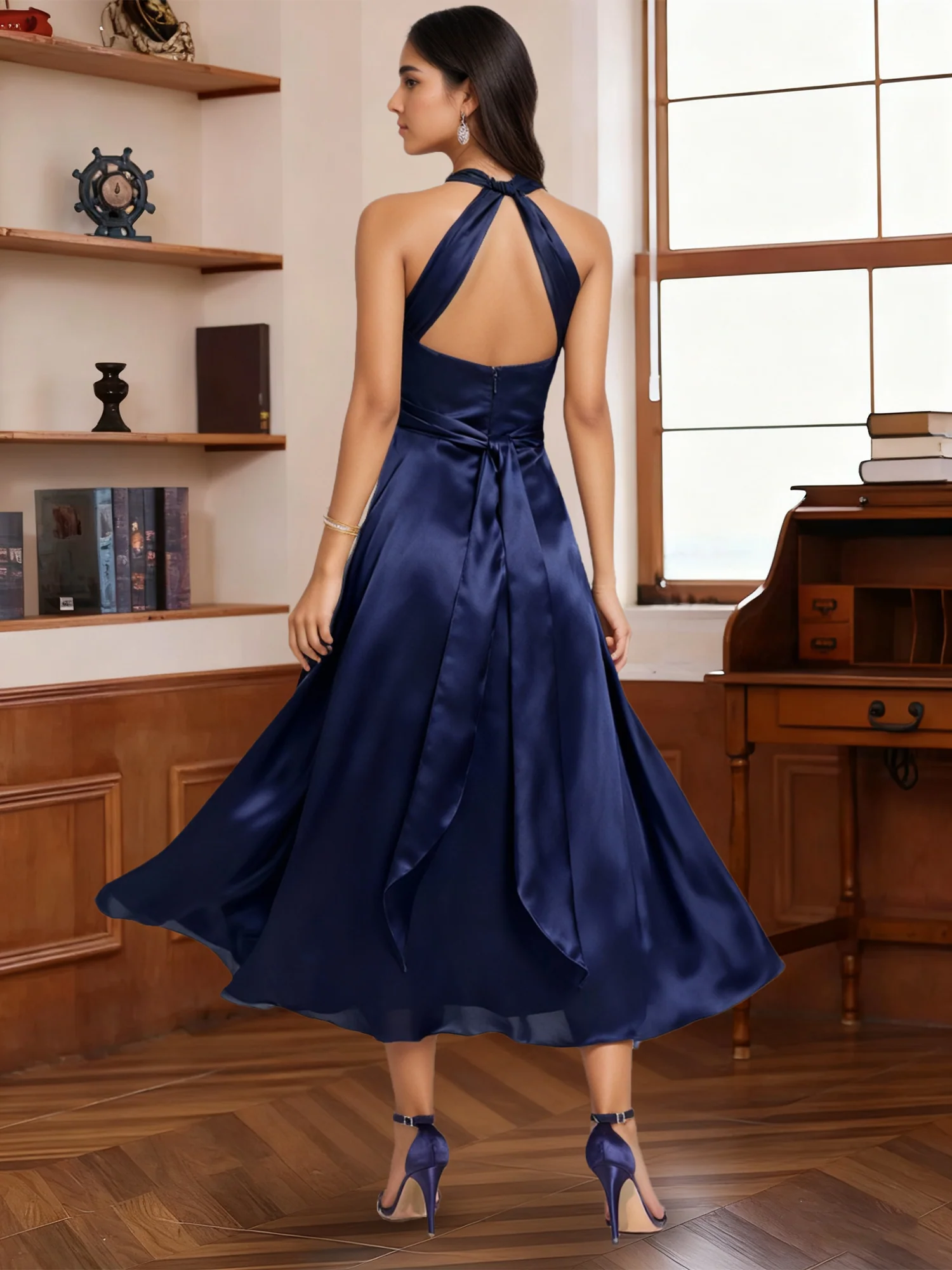 A-Line/Princess Halter One Shoulder V-Neck Wedding Guest Dresses Convertible Asymmetrical Stretch Satin With Pleated - Image 9