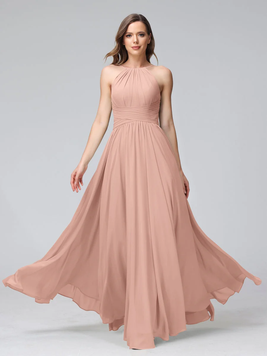 A-Line/Princess Halter Sleeveless Floor-Length Bridemaid Dresses with Ruffles - Image 10