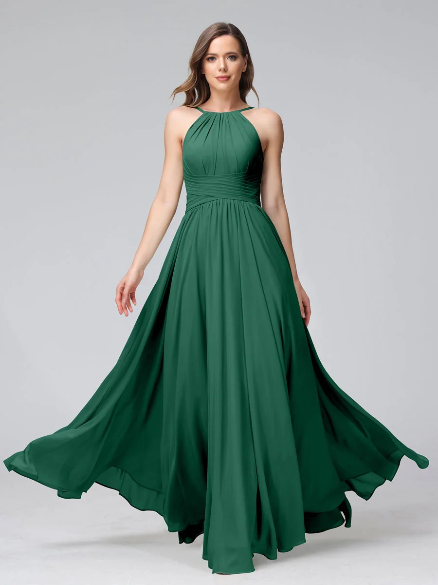 A-Line/Princess Halter Sleeveless Floor-Length Bridemaid Dresses with Ruffles - Image 12