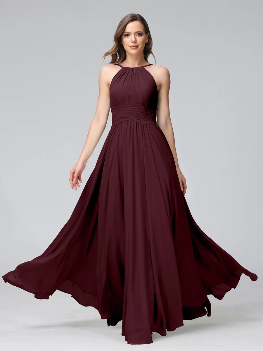 A-Line/Princess Halter Sleeveless Floor-Length Bridemaid Dresses with Ruffles - Image 13