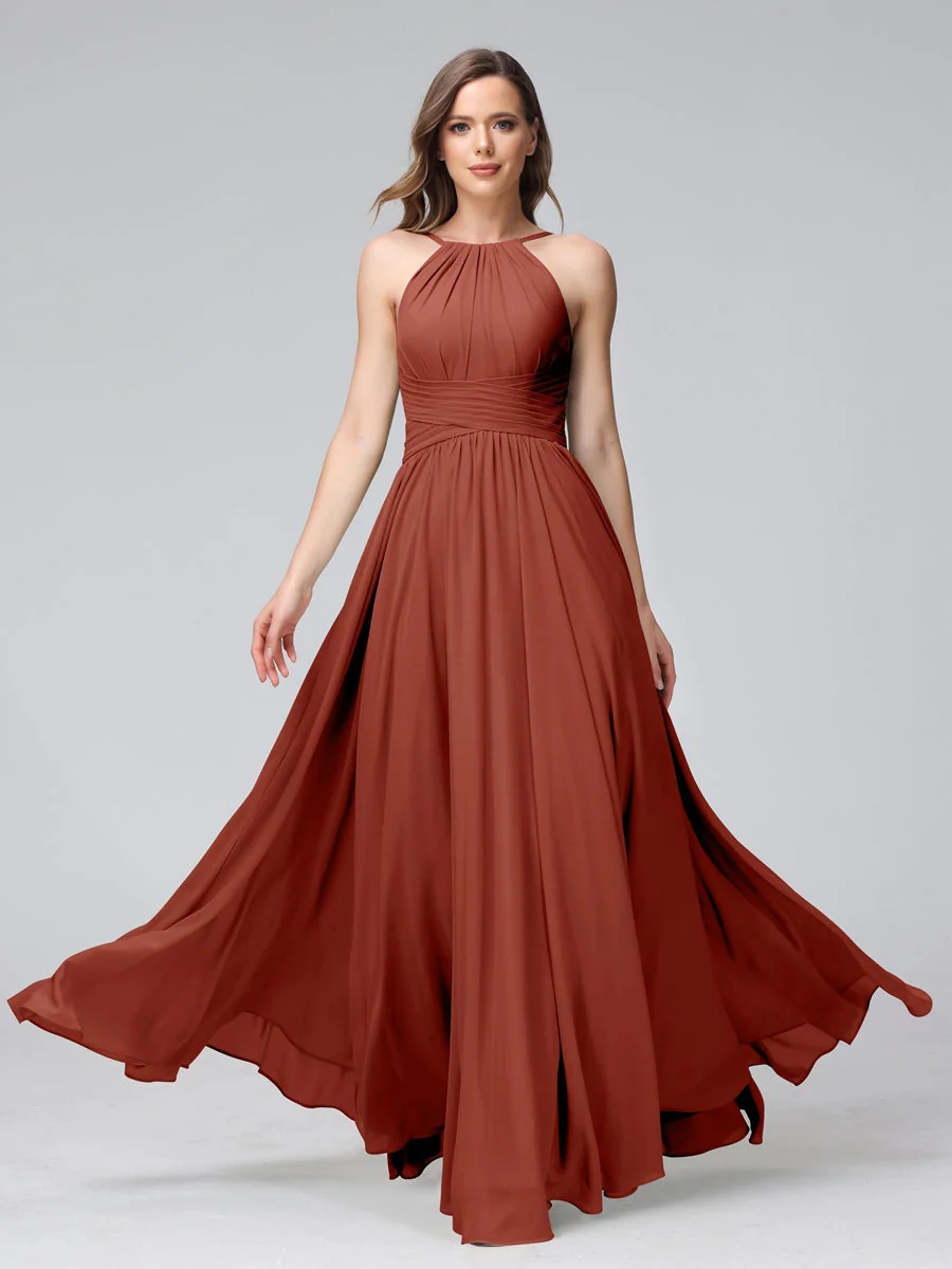 A-Line/Princess Halter Sleeveless Floor-Length Bridemaid Dresses with Ruffles - Image 14