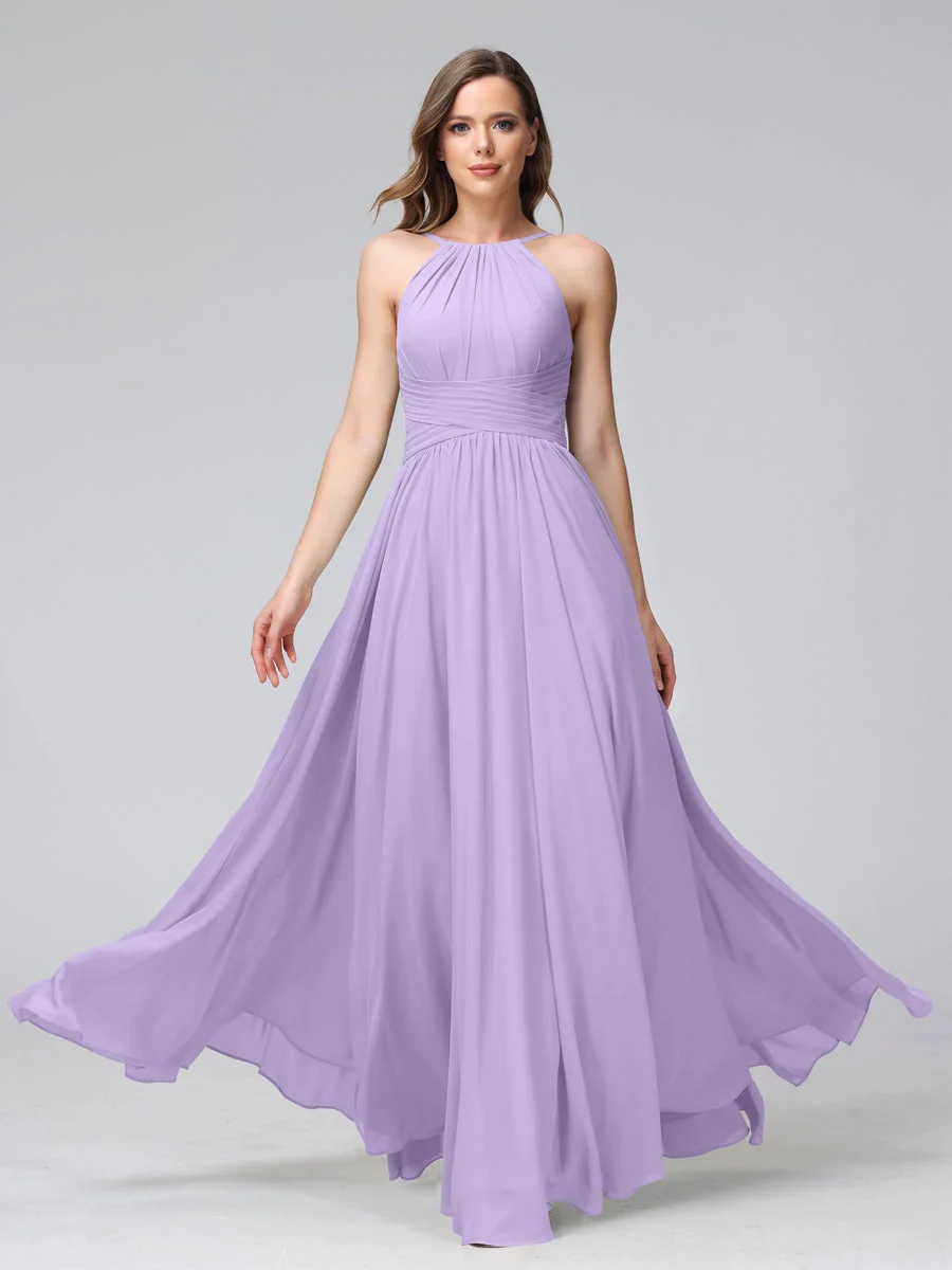 A-Line/Princess Halter Sleeveless Floor-Length Bridemaid Dresses with Ruffles - Image 15