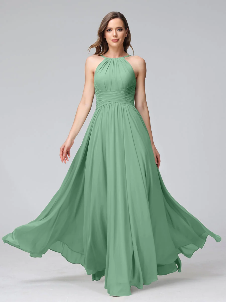 A-Line/Princess Halter Sleeveless Floor-Length Bridemaid Dresses with Ruffles - Image 17