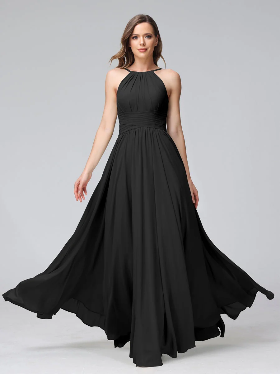 A-Line/Princess Halter Sleeveless Floor-Length Bridemaid Dresses with Ruffles - Image 18