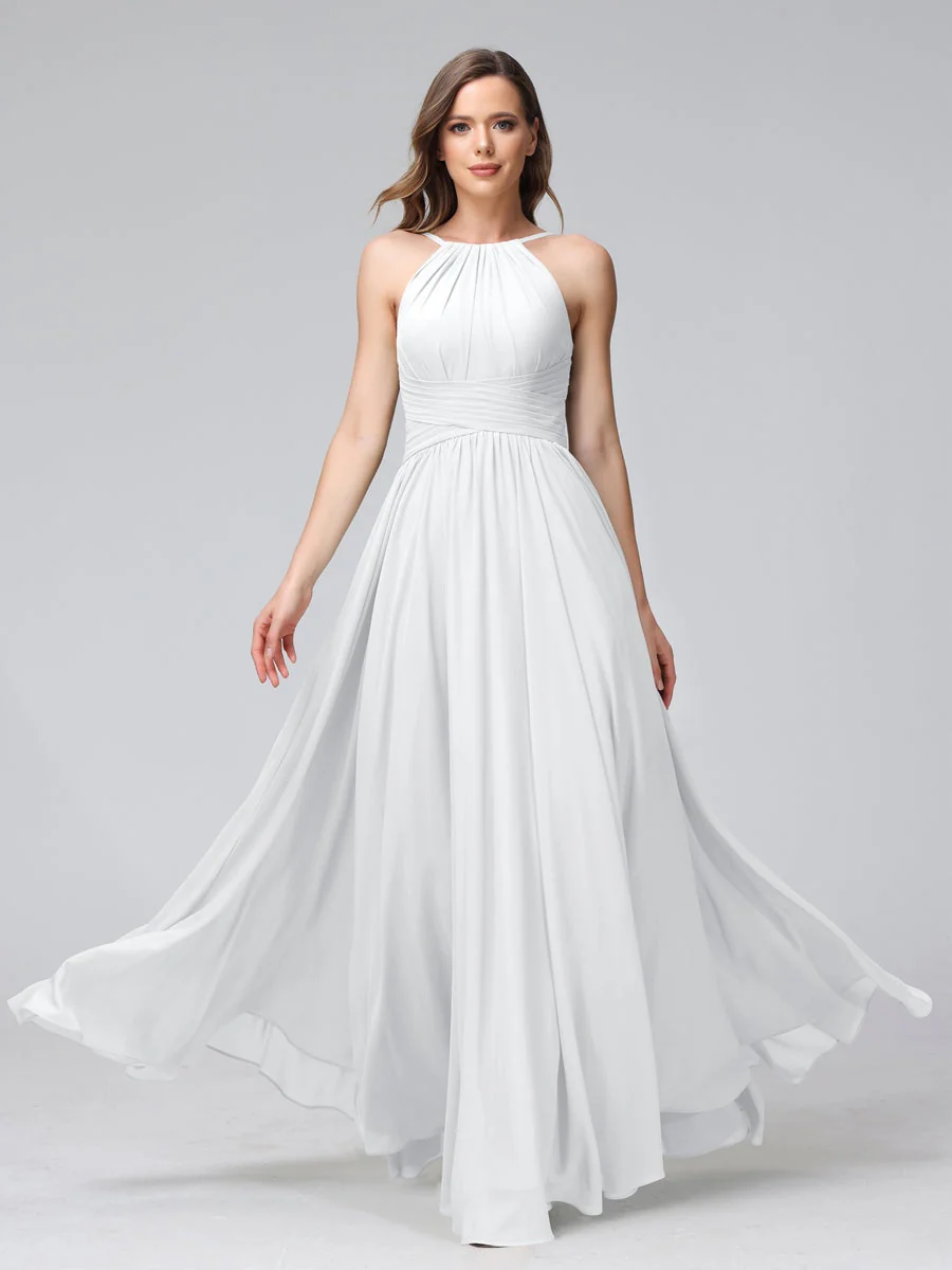 A-Line/Princess Halter Sleeveless Floor-Length Bridemaid Dresses with Ruffles - Image 19