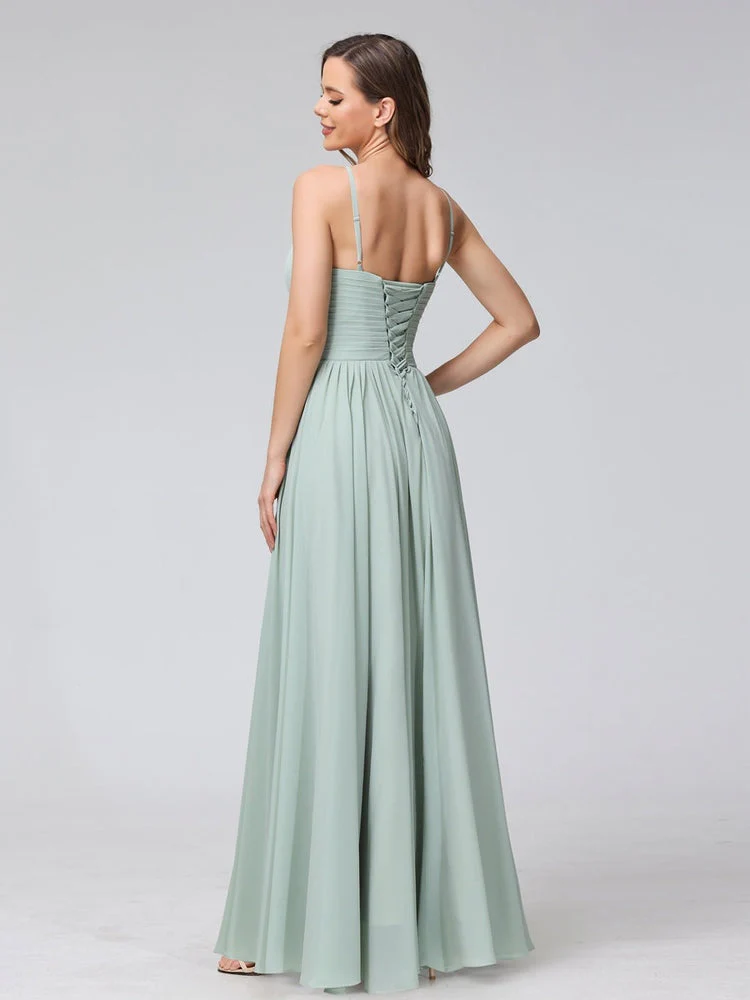 A-Line/Princess Halter Sleeveless Floor-Length Bridemaid Dresses with Ruffles - Image 2