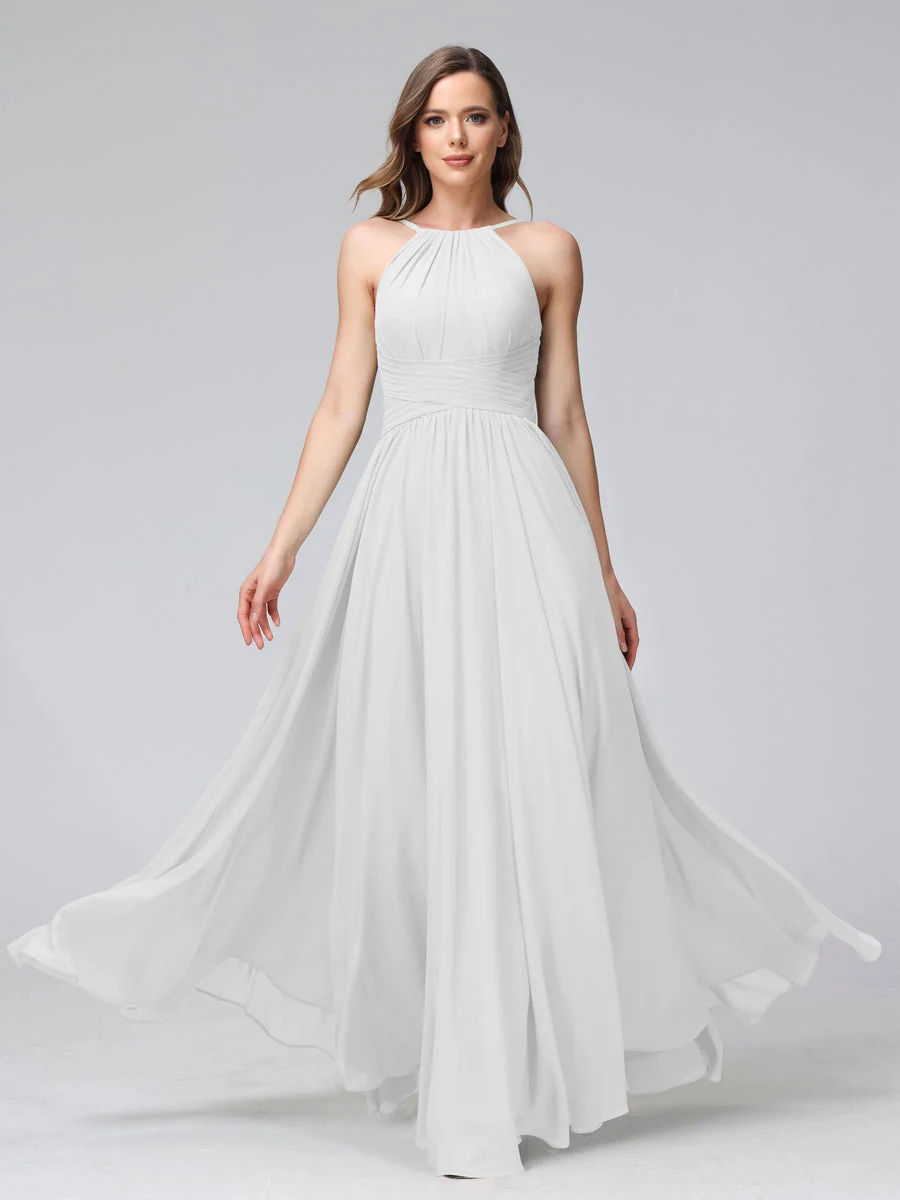 A-Line/Princess Halter Sleeveless Floor-Length Bridemaid Dresses with Ruffles - Image 20