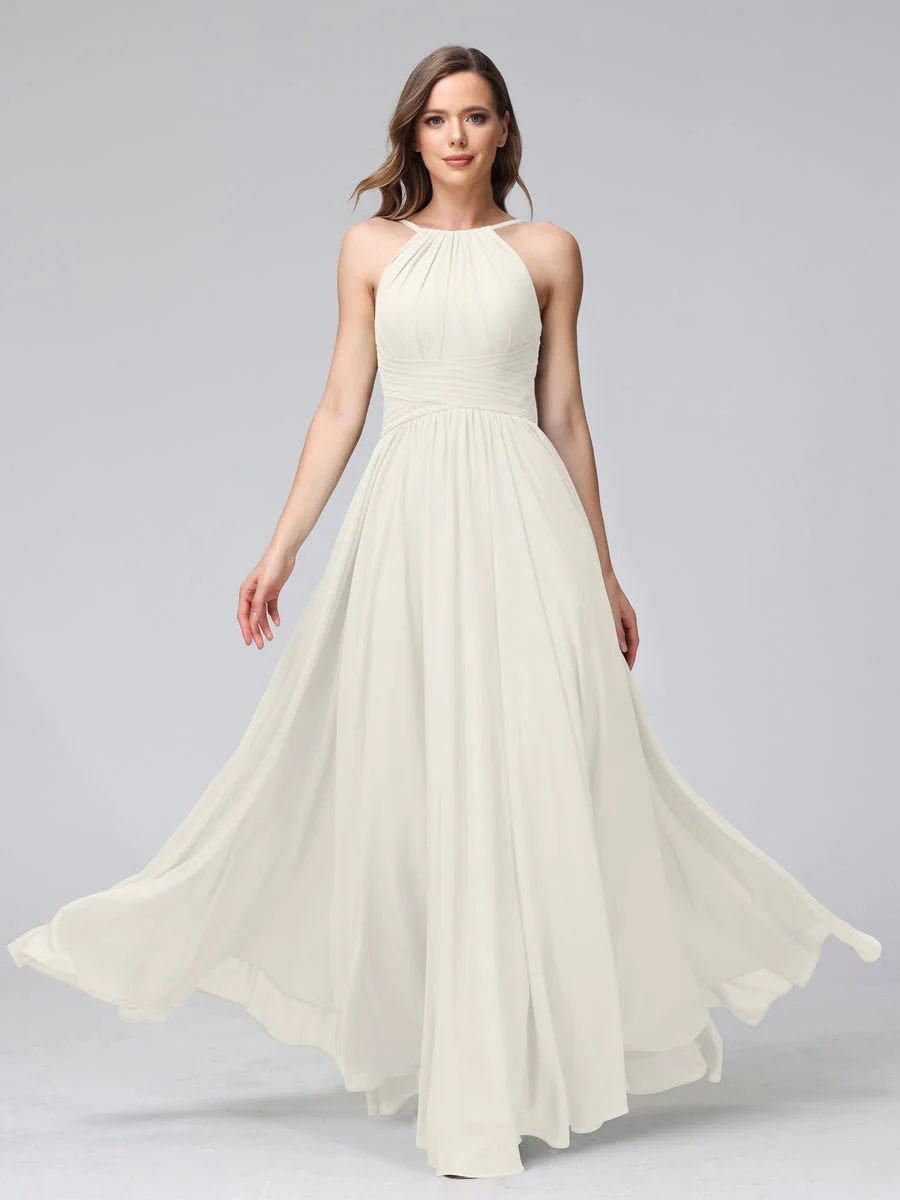 A-Line/Princess Halter Sleeveless Floor-Length Bridemaid Dresses with Ruffles - Image 21