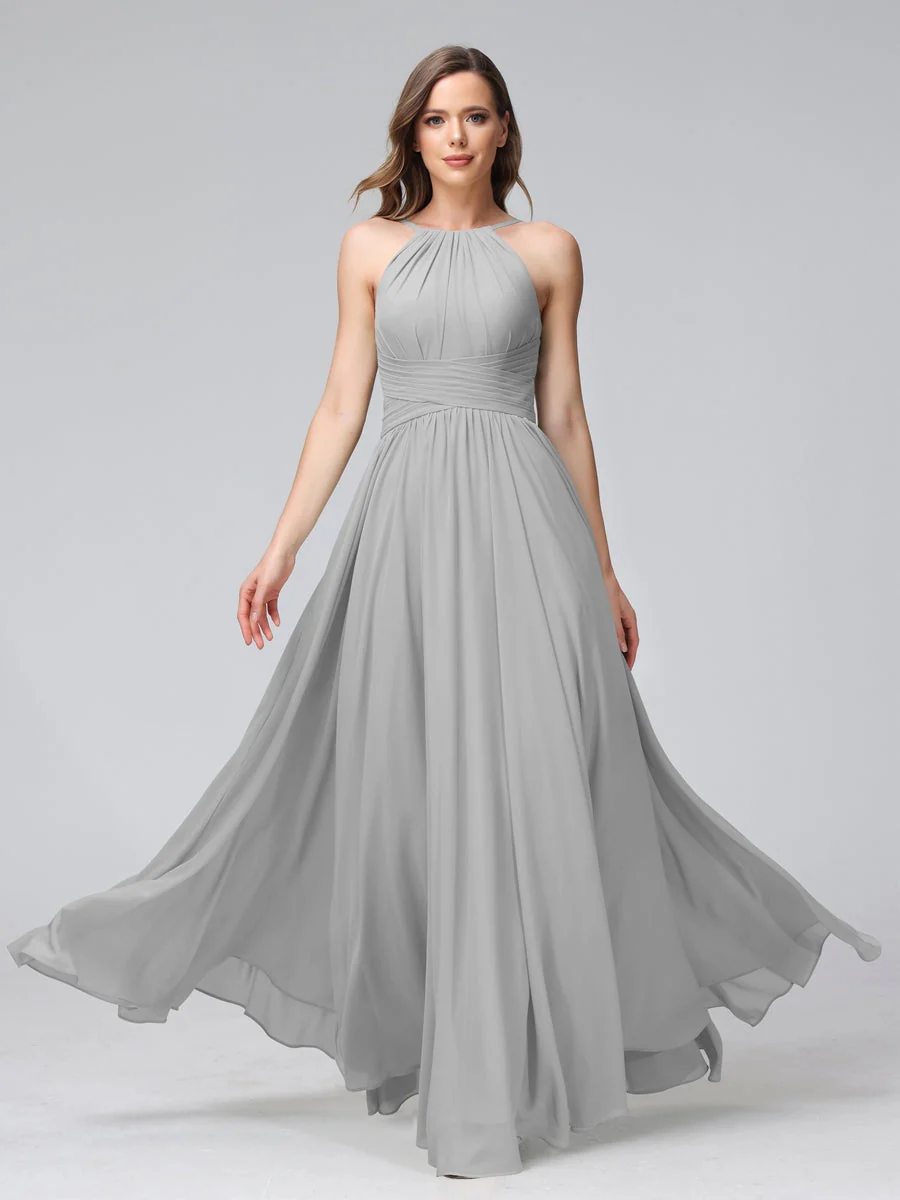 A-Line/Princess Halter Sleeveless Floor-Length Bridemaid Dresses with Ruffles - Image 22