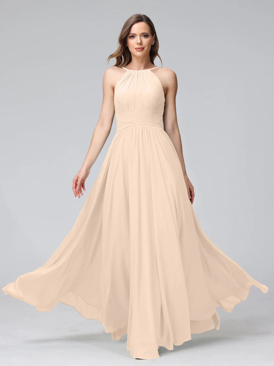 A-Line/Princess Halter Sleeveless Floor-Length Bridemaid Dresses with Ruffles - Image 23