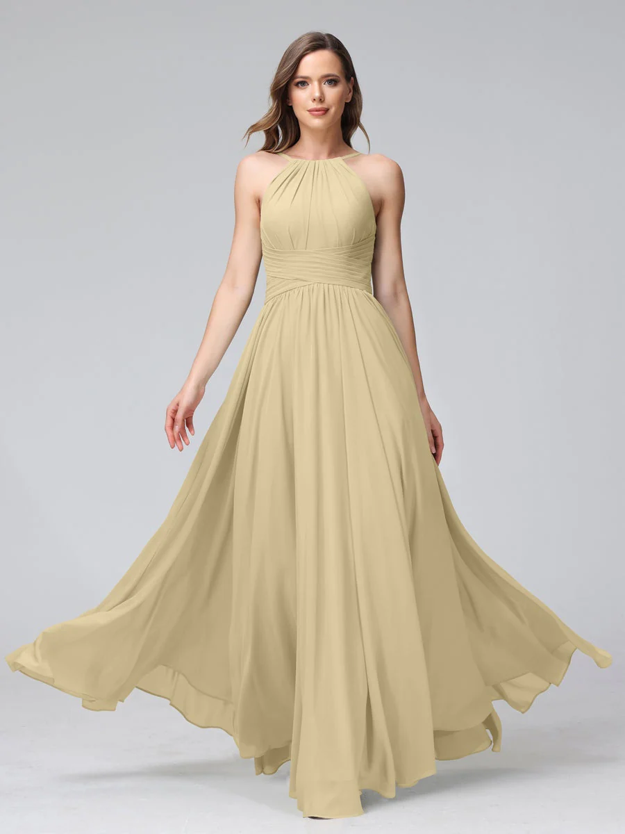 A-Line/Princess Halter Sleeveless Floor-Length Bridemaid Dresses with Ruffles - Image 24