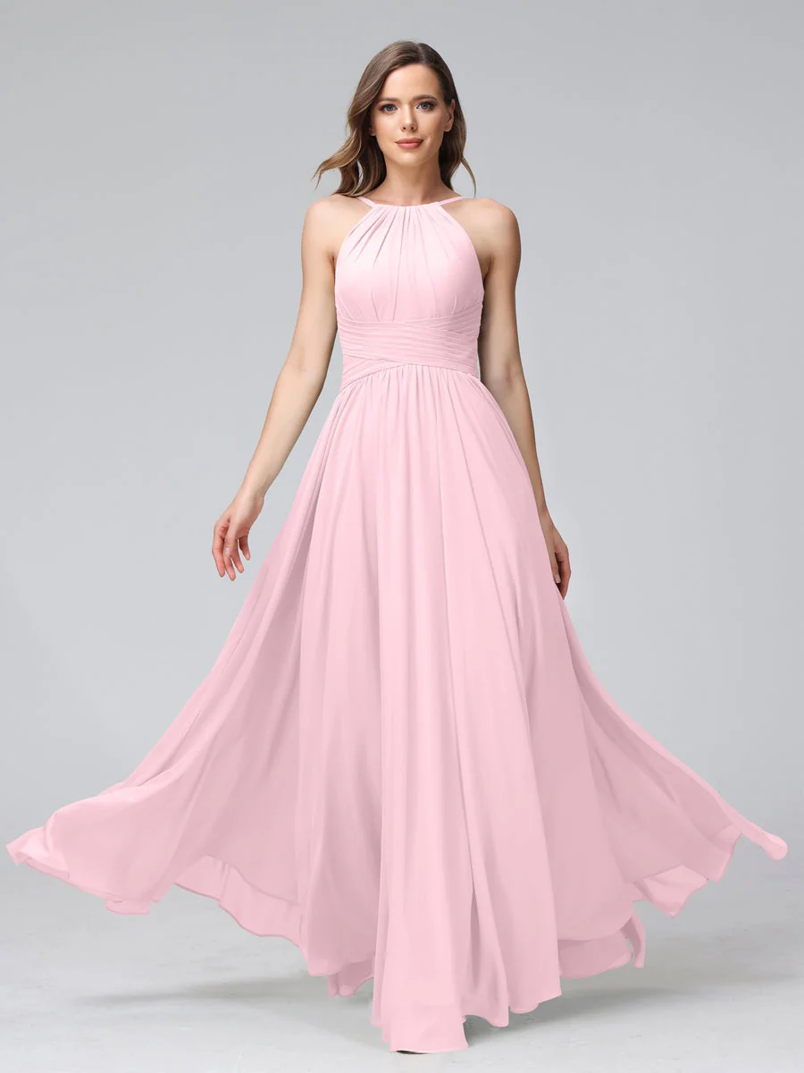 A-Line/Princess Halter Sleeveless Floor-Length Bridemaid Dresses with Ruffles - Image 25