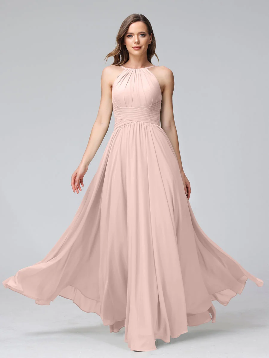 A-Line/Princess Halter Sleeveless Floor-Length Bridemaid Dresses with Ruffles - Image 26