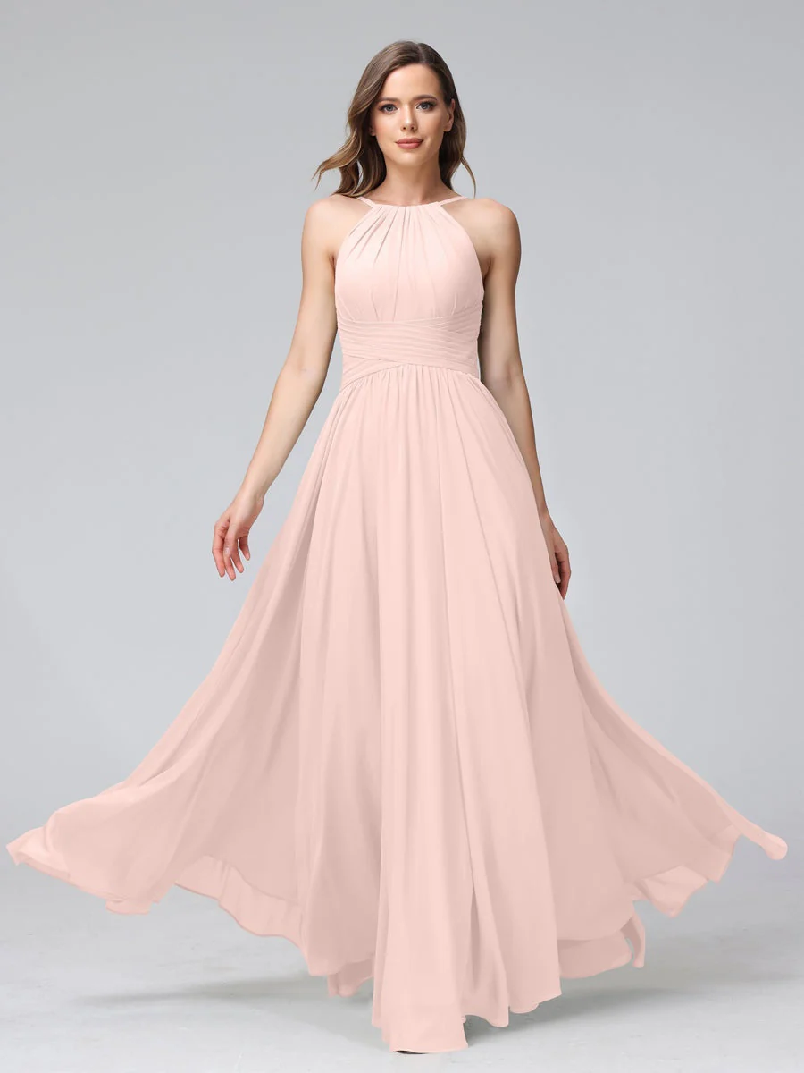 A-Line/Princess Halter Sleeveless Floor-Length Bridemaid Dresses with Ruffles - Image 27
