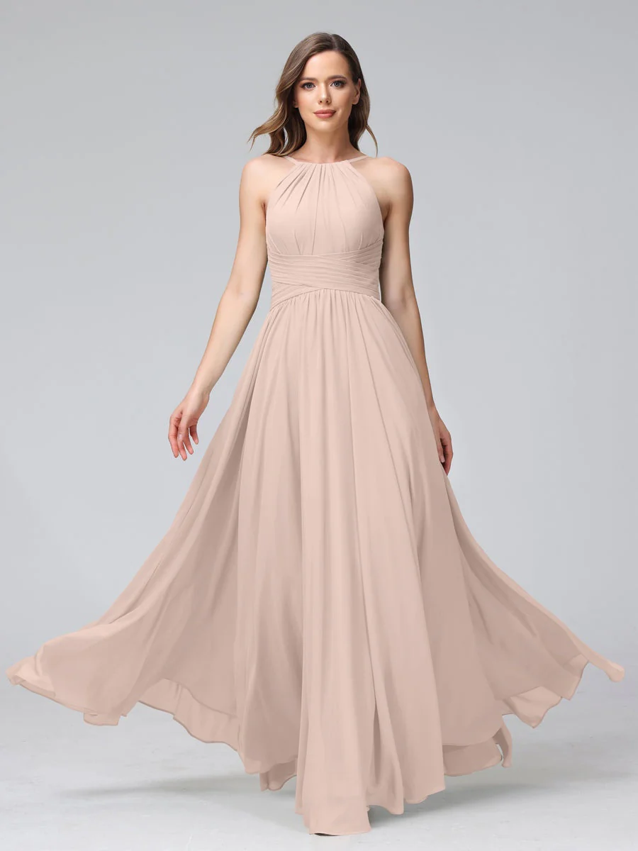 A-Line/Princess Halter Sleeveless Floor-Length Bridemaid Dresses with Ruffles - Image 28
