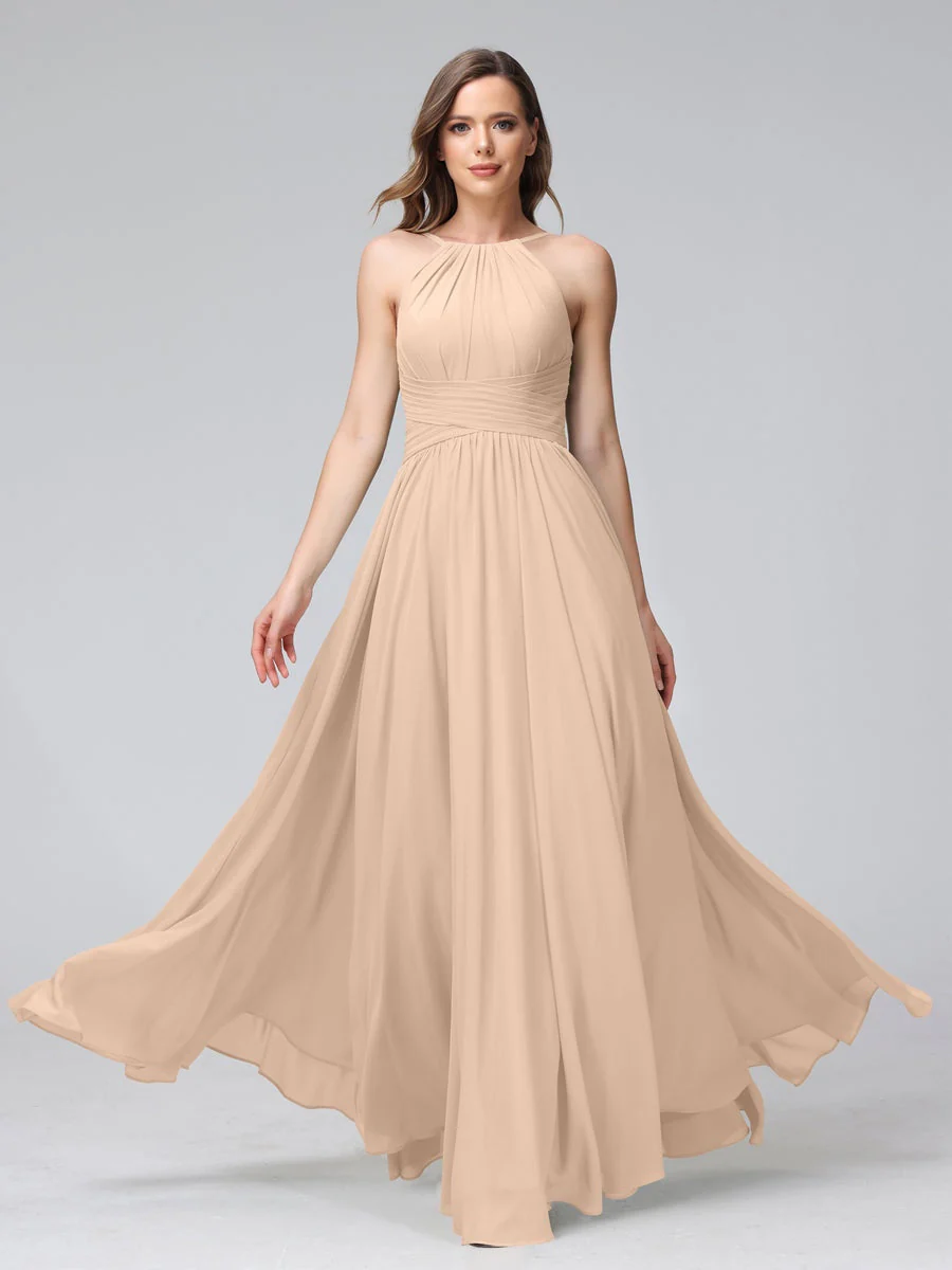 A-Line/Princess Halter Sleeveless Floor-Length Bridemaid Dresses with Ruffles - Image 29