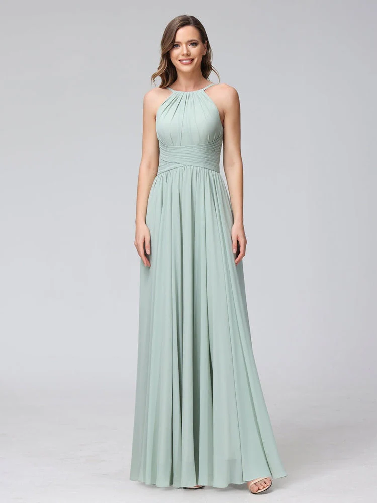 A-Line/Princess Halter Sleeveless Floor-Length Bridemaid Dresses with Ruffles - Image 3