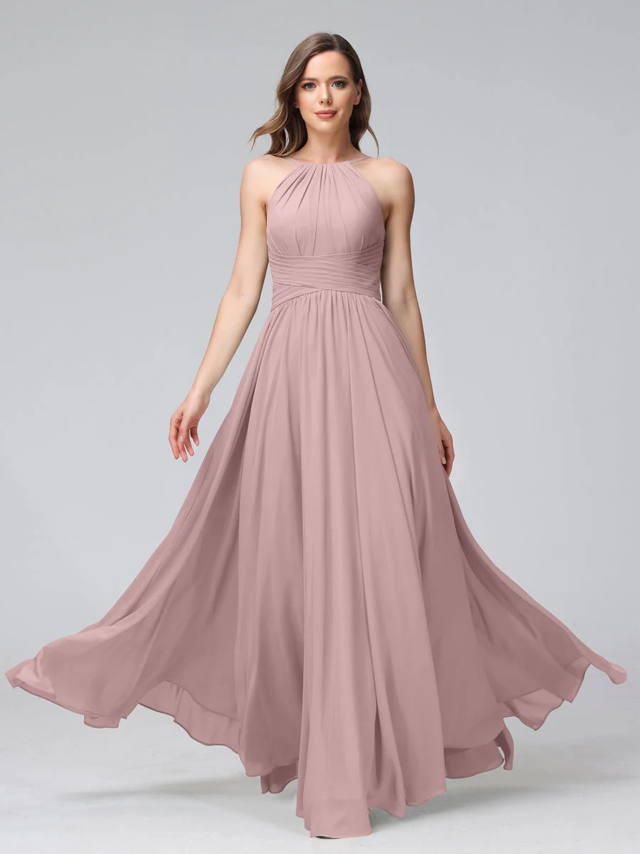 A-Line/Princess Halter Sleeveless Floor-Length Bridemaid Dresses with Ruffles - Image 30