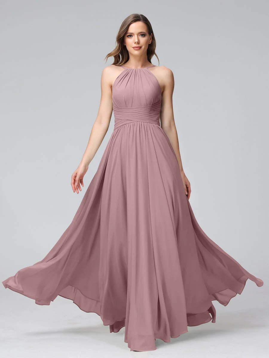 A-Line/Princess Halter Sleeveless Floor-Length Bridemaid Dresses with Ruffles - Image 31