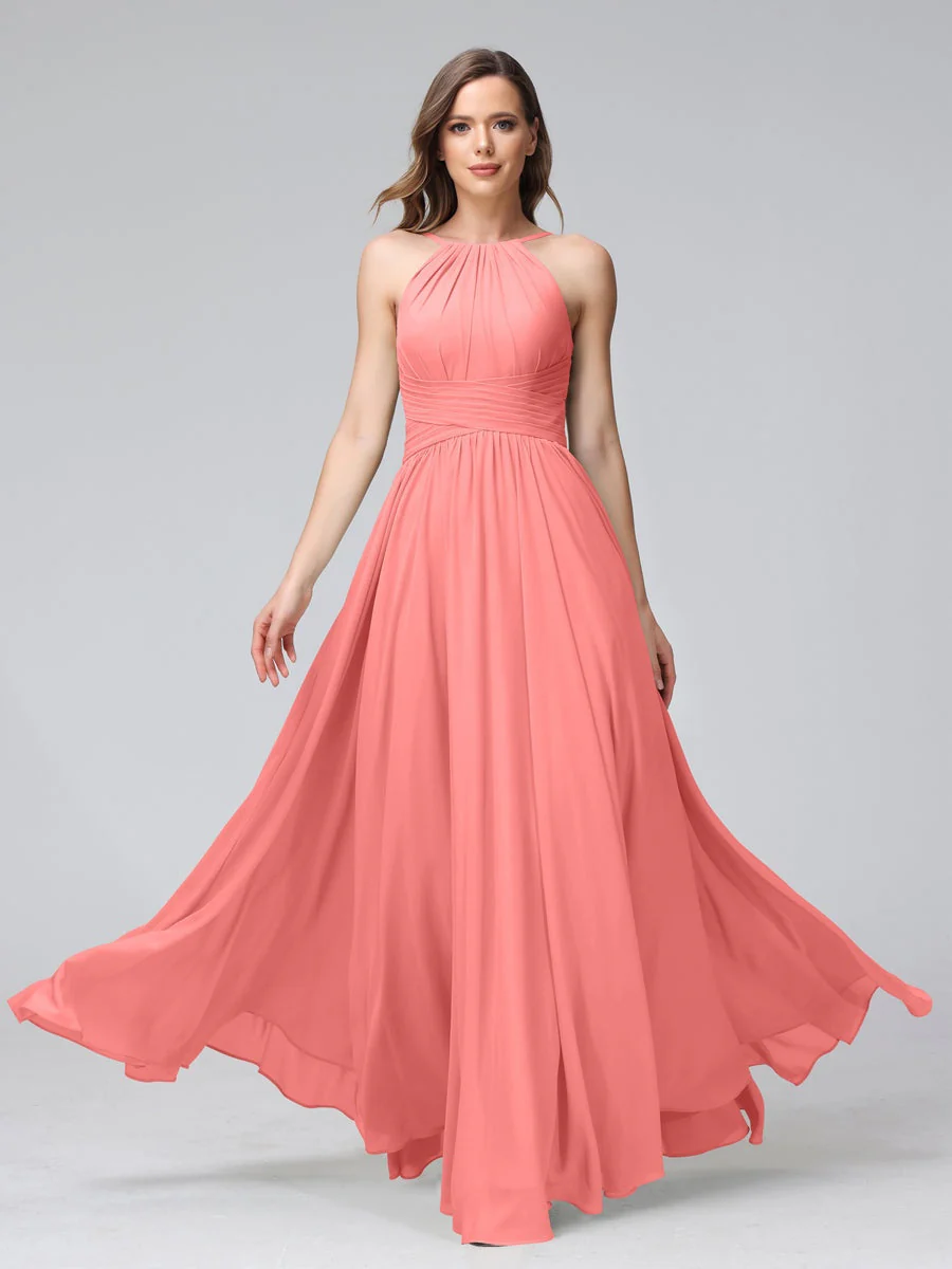 A-Line/Princess Halter Sleeveless Floor-Length Bridemaid Dresses with Ruffles - Image 32