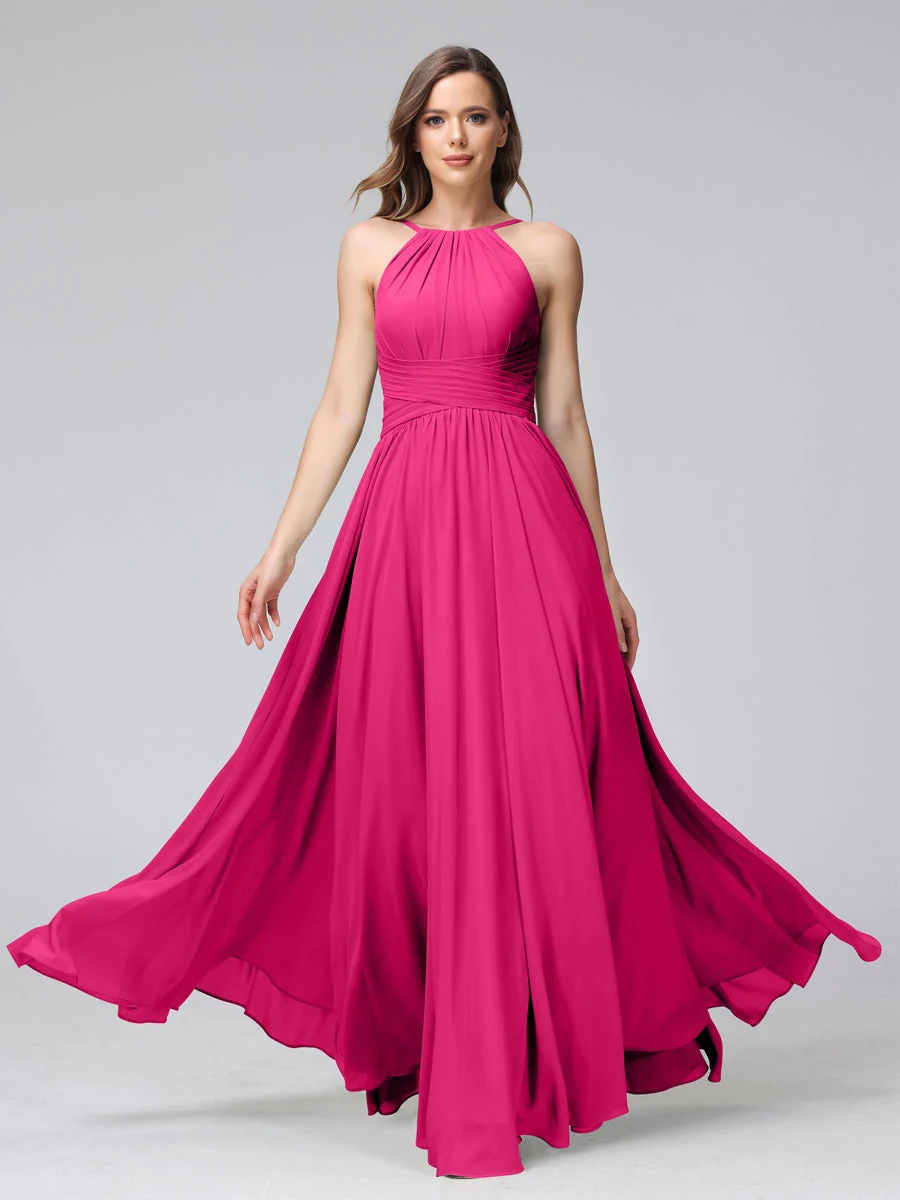 A-Line/Princess Halter Sleeveless Floor-Length Bridemaid Dresses with Ruffles - Image 34