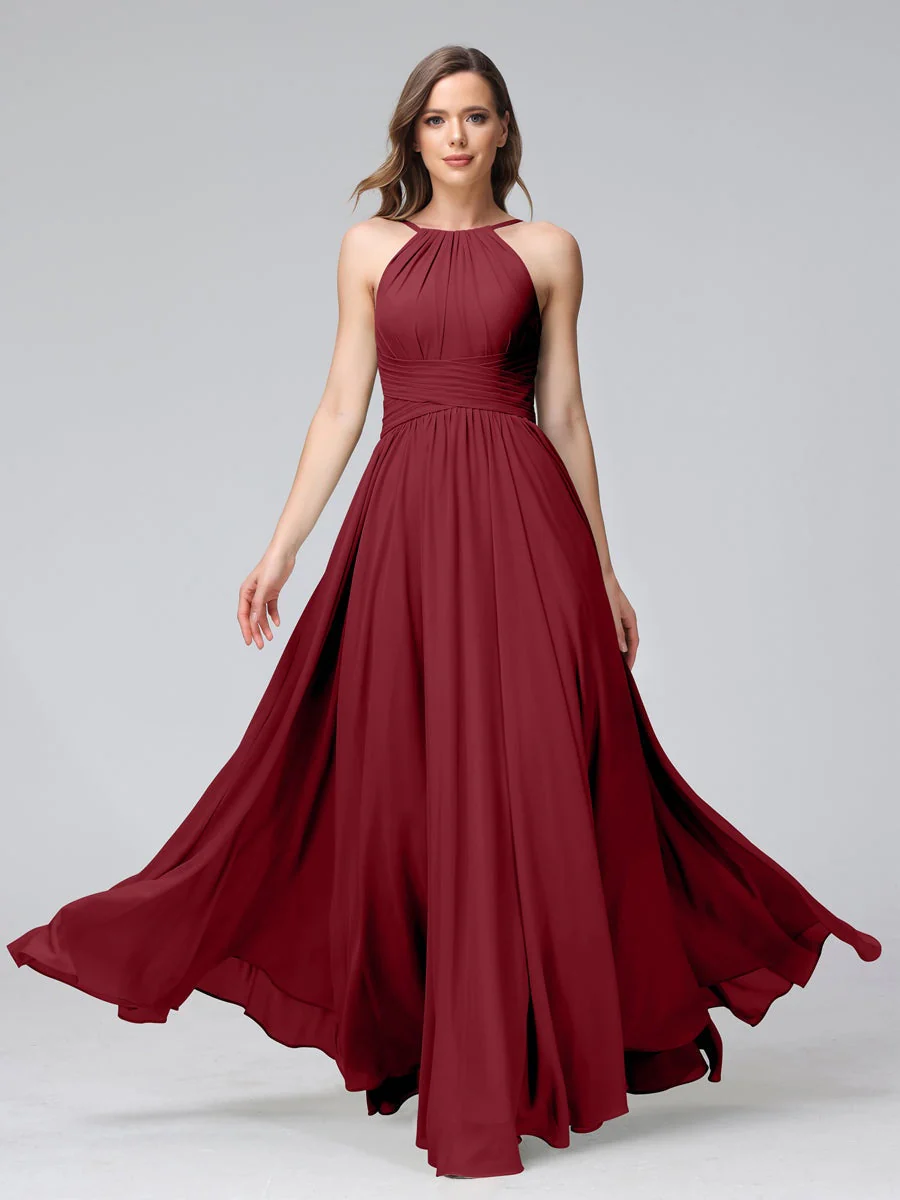 A-Line/Princess Halter Sleeveless Floor-Length Bridemaid Dresses with Ruffles - Image 37