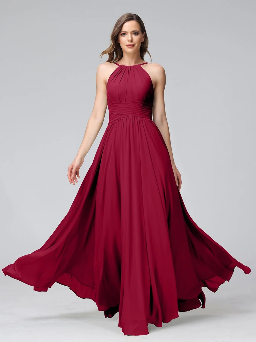A-Line/Princess Halter Sleeveless Floor-Length Bridemaid Dresses with Ruffles - Image 38