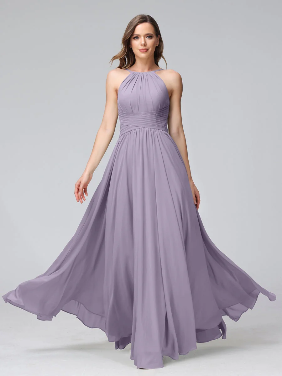 A-Line/Princess Halter Sleeveless Floor-Length Bridemaid Dresses with Ruffles - Image 39