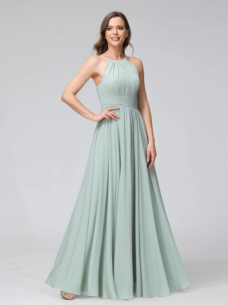 A-Line/Princess Halter Sleeveless Floor-Length Bridemaid Dresses with Ruffles - Image 4