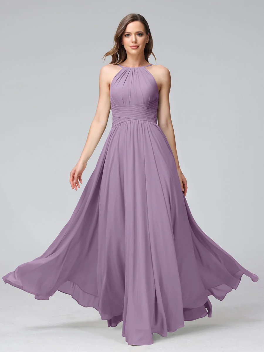 A-Line/Princess Halter Sleeveless Floor-Length Bridemaid Dresses with Ruffles - Image 40