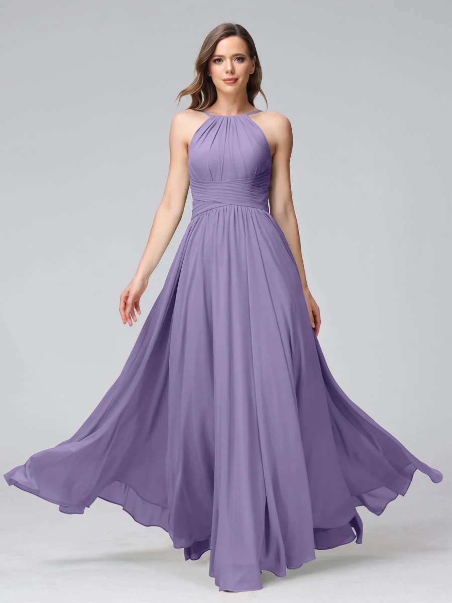 A-Line/Princess Halter Sleeveless Floor-Length Bridemaid Dresses with Ruffles - Image 41
