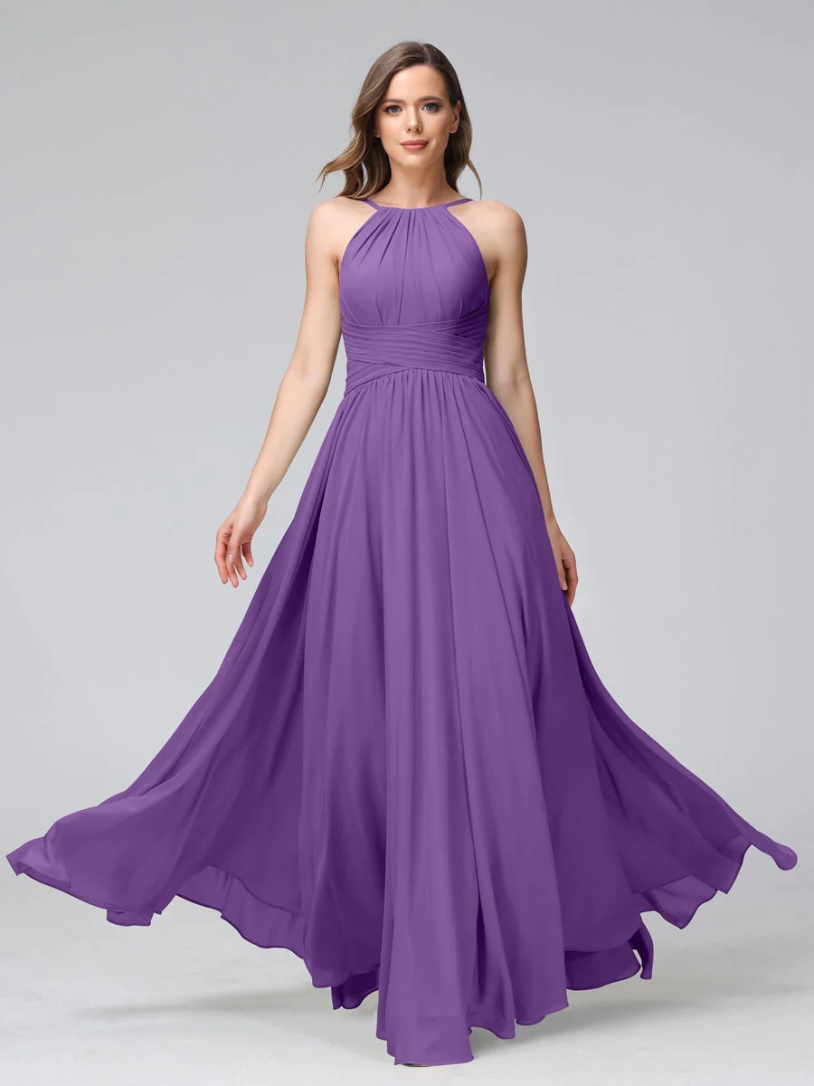 A-Line/Princess Halter Sleeveless Floor-Length Bridemaid Dresses with Ruffles - Image 42