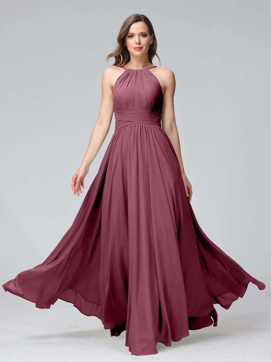 A-Line/Princess Halter Sleeveless Floor-Length Bridemaid Dresses with Ruffles - Image 43