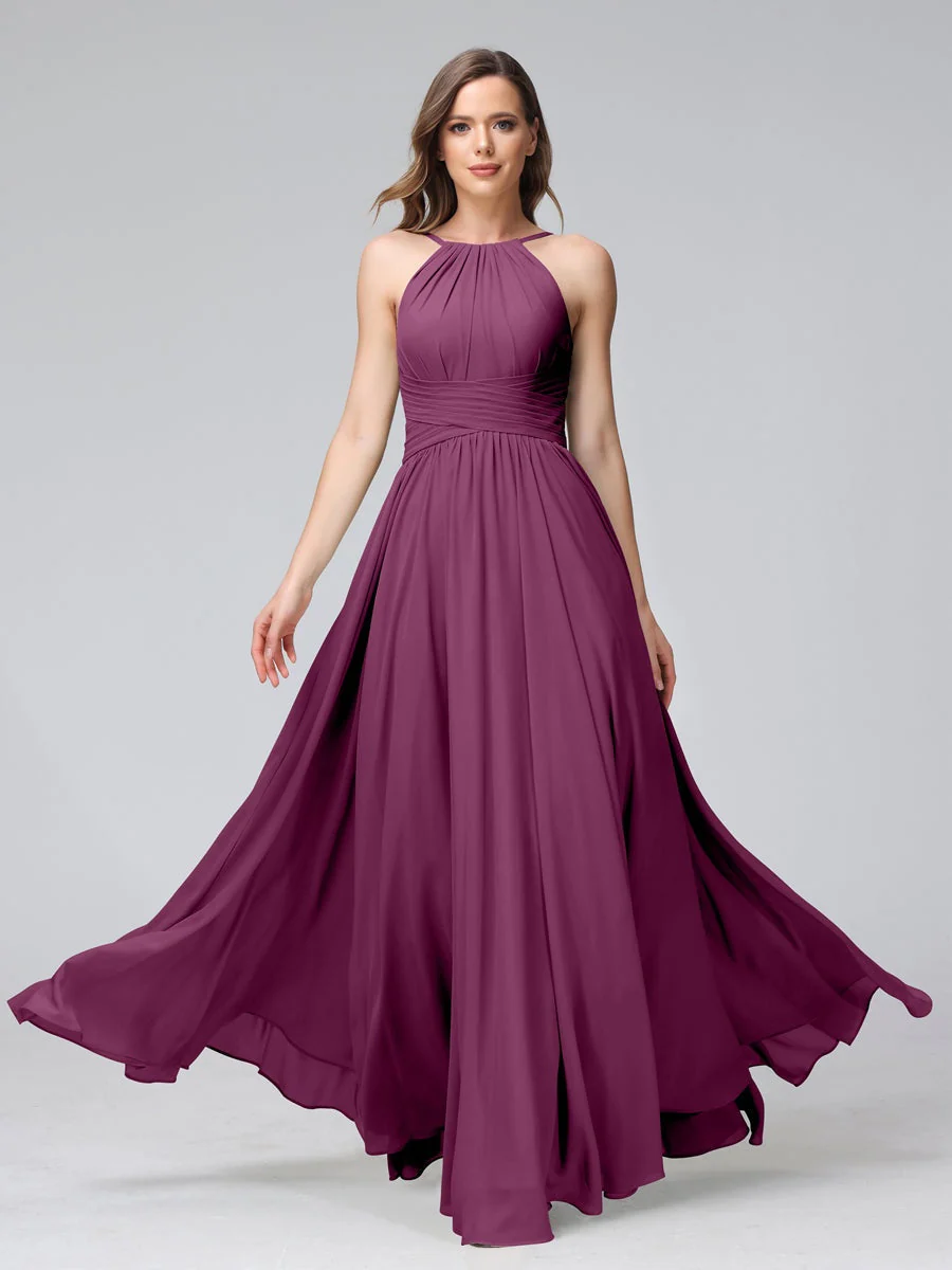A-Line/Princess Halter Sleeveless Floor-Length Bridemaid Dresses with Ruffles - Image 44