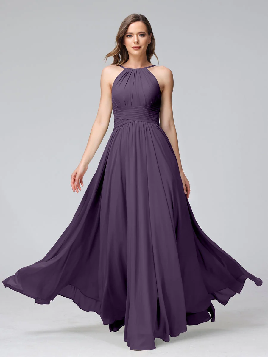 A-Line/Princess Halter Sleeveless Floor-Length Bridemaid Dresses with Ruffles - Image 45
