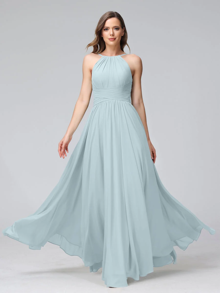 A-Line/Princess Halter Sleeveless Floor-Length Bridemaid Dresses with Ruffles - Image 47