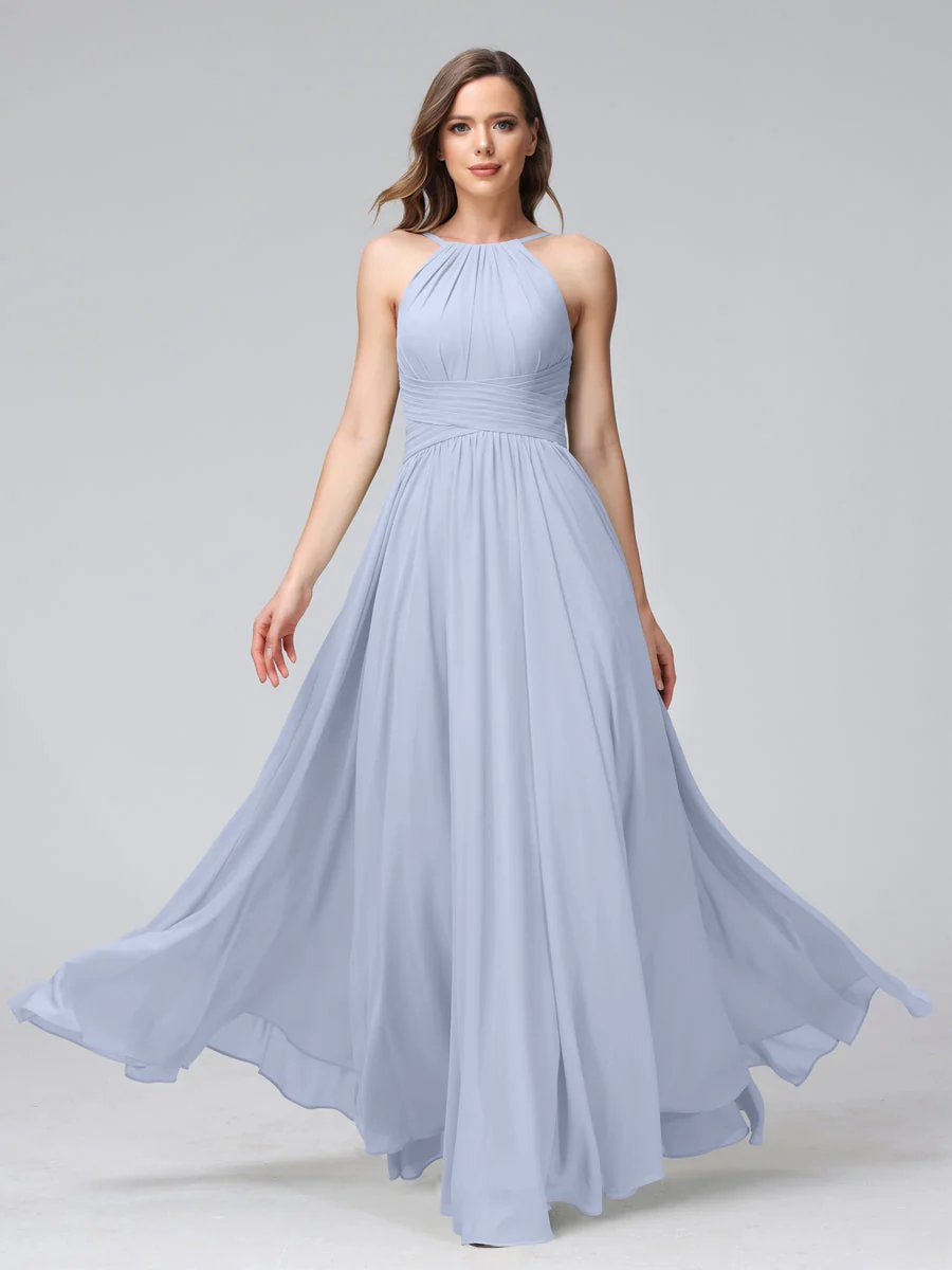 A-Line/Princess Halter Sleeveless Floor-Length Bridemaid Dresses with Ruffles - Image 48